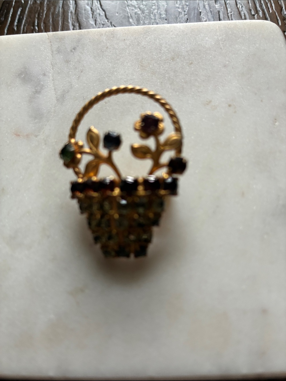 Gold-Tone Flower Basket Brooch with Multicolor Stones
